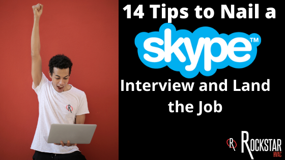 14 Skype Interview Tips to Land the Job Image: Coloured man in white shirt raising right arm in air in victory and holding white laptop with the right side in black background and skype interview tips title
